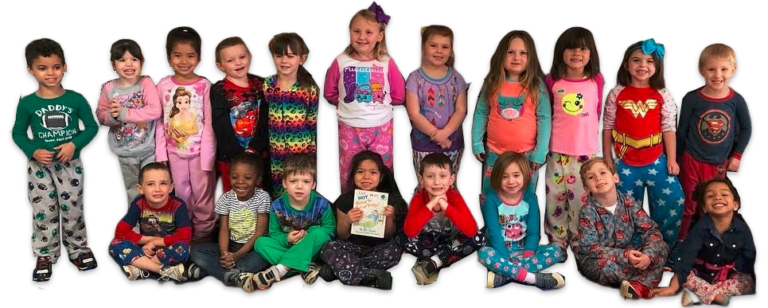 Group of preschoolers wearing cartoon inspired pajamas , hero, Disney and colorful pajamas at a Christian Preschool & Daycare Serving Loganville, GA