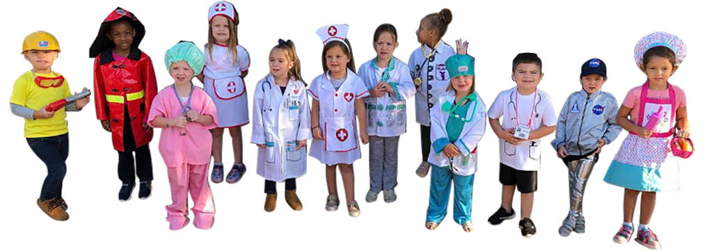 Group of diverse kids wearing their dream job outfit, nurse, doctor , firefighter, engineer, space pilot at a Christian Preschool & Daycare Serving Loganville, GA